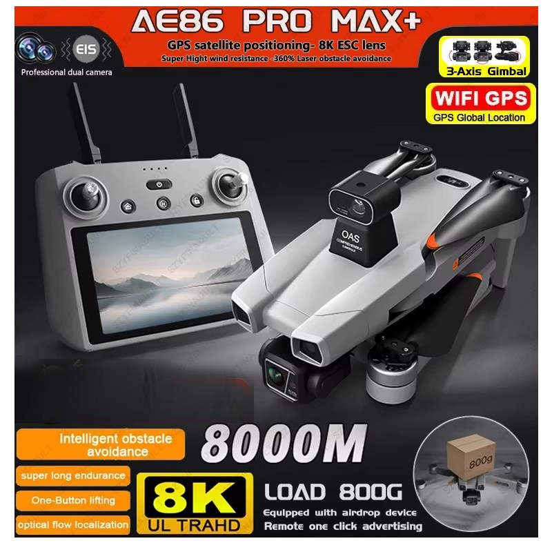 Drone AE86 PRO MAX+ – 4K HD, Stabilisateur 3 Axes, 45 Min Vol, 6 Km – Valise Transport – Gris